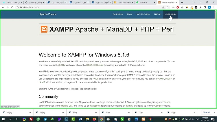 ورود به phpmyadmin در آموزش ساخت دیتابیس یا پایگاه داده در لوکال هاست زمپ XAMP