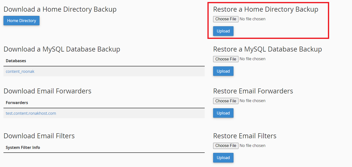 زیر مجموعه (Restore a Home Directory Backup) گزینه (Chose file) را انتخاب کنید